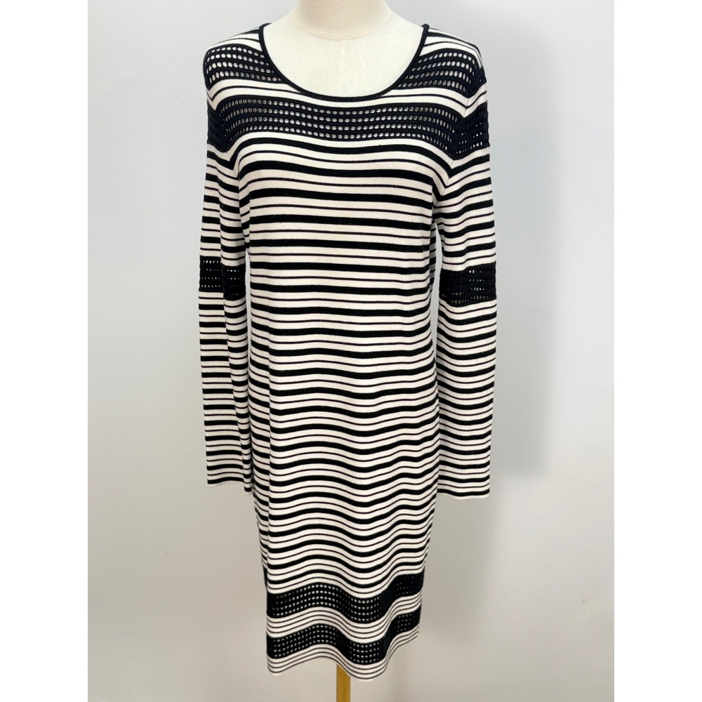 Cache Black White Striped Crochet Mesh Long Sleeve Sweater Dress XL